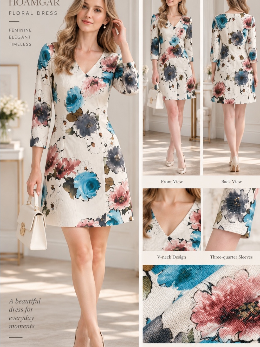 HOAMGAR Gorgeous Cream Floral V-Neck Dress with Teal & Blush Blooms